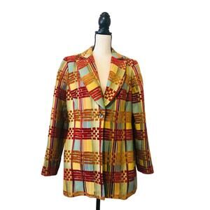 Color Block Womens Blazer Size M Tapestry Long Long Riding Jacket Single Button